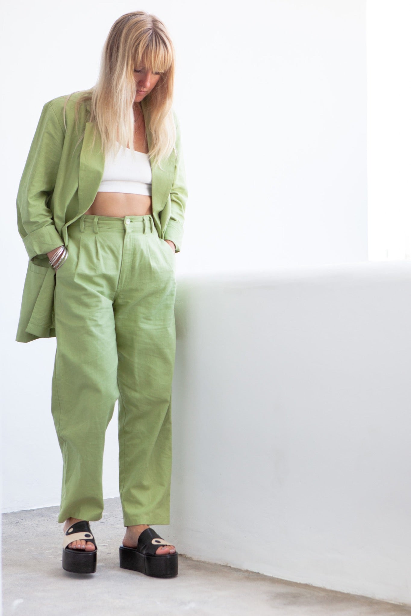 balm wears hemp trousers wasabi